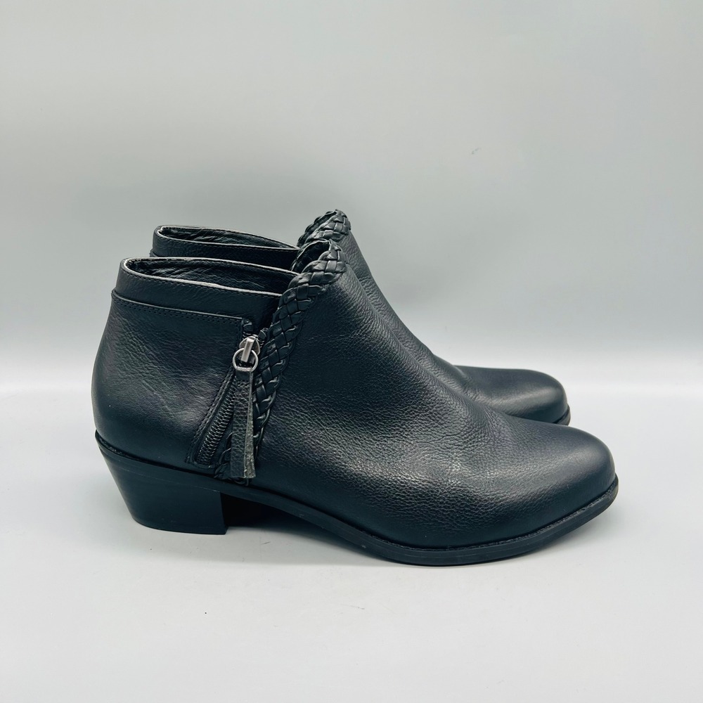 Aetrex Boots Womens 11 Black Leather Ankle Braided Zip Low Heel Booties Shoes